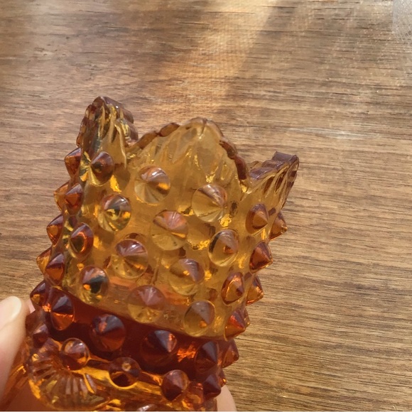 VINTAGE FENTON HOBNAIL AMBER GLASS TOOTHPICK HOLDER GLOWY - Picture 7 of 14
